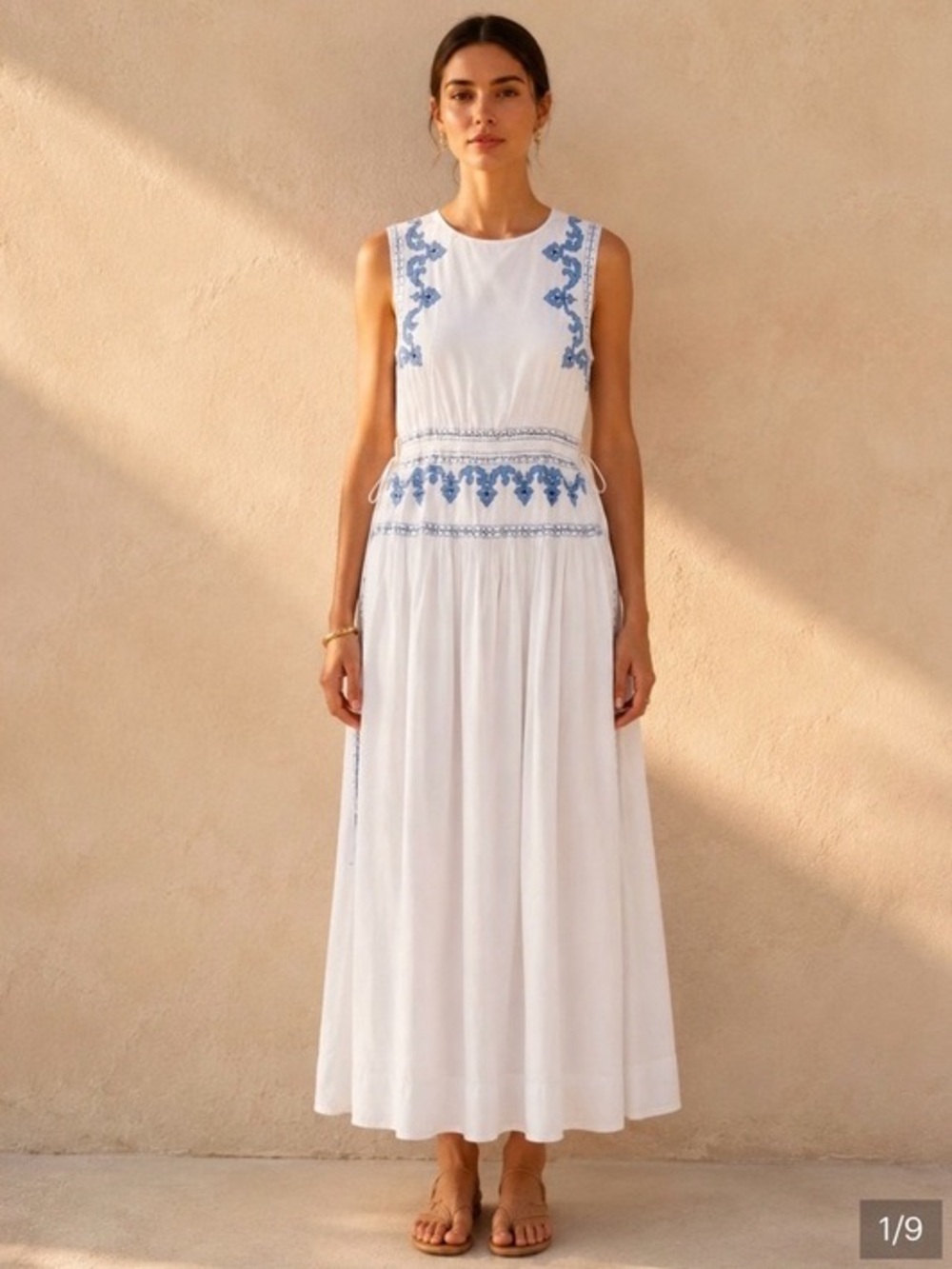ZARA EMBROIDERED MIDI DRESS WHITE BLUE